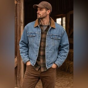 Vtg California Outerwear Denim Jacket Corduroy Collar Plaid Lined XL Barn Chore